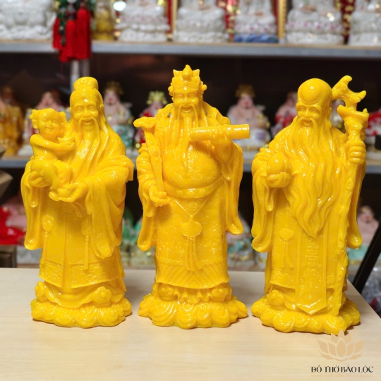 Bộ Tượng Phúc Lộc Thọ Bằng Bột Đá Màu Vàng Cao 37cm– Mang Lại Phúc Khí, Tài Lộc, Trường Thọ