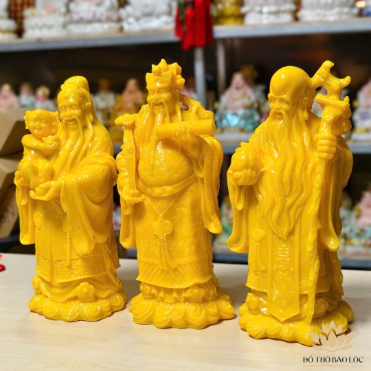 Bộ Tượng Phúc Lộc Thọ Bằng Bột Đá Màu Vàng Cao 37cm– Mang Lại Phúc Khí, Tài Lộc, Trường Thọ