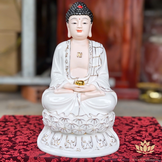 Tượng Phật A Di Đà bằng sứ đức hóa ngồi trên đài sen cao 31cm
