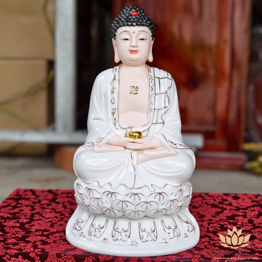 Tượng Phật A Di Đà bằng sứ đức hóa ngồi trên đài sen cao 31cm
