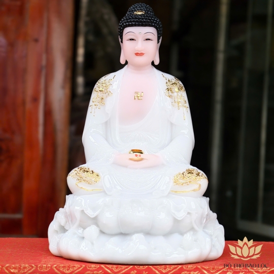 Tượng Phật A Di Đà bằng đá ngồi trên đài sen cao 30cm