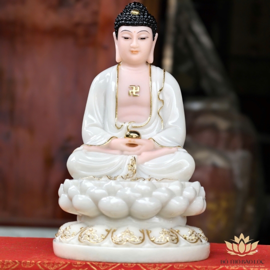 Tượng Phật A Di Đà bằng đá ngồi trên đài sen cao 30cm