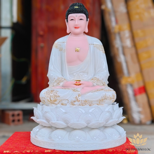 Tượng Phật A Di Đà ngồi trên đài sen bằng đá cao cấp cao 42cm – Màu Trắng