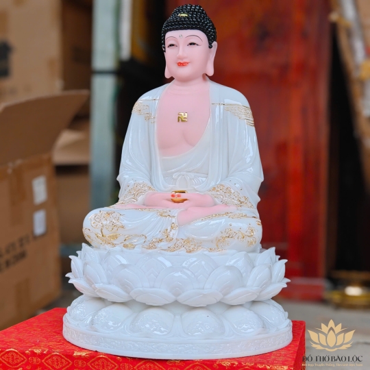 Tượng Phật A Di Đà ngồi trên đài sen bằng đá cao cấp cao 42cm – Màu Trắng