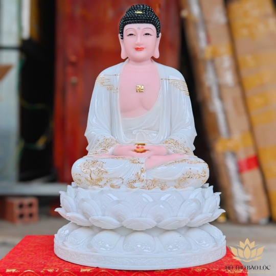 Tượng Phật A Di Đà ngồi trên đài sen bằng đá cao cấp cao 42cm – Màu Trắng