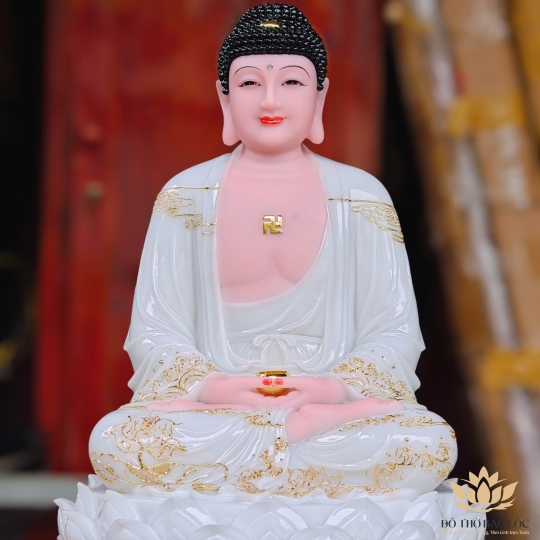Tượng Phật A Di Đà ngồi trên đài sen bằng đá cao cấp cao 42cm – Màu Trắng