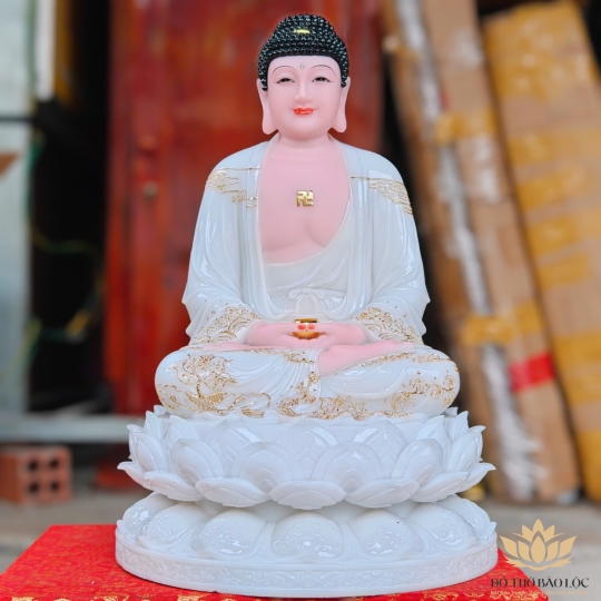 Tượng Phật A Di Đà ngồi trên đài sen bằng đá cao cấp cao 42cm – Màu Trắng