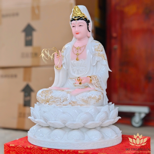 Tượng Phật Quan Thế Âm Bồ Tát ngồi trên đài sen bằng đá cao cấp cao 42cm – Màu Trắng
