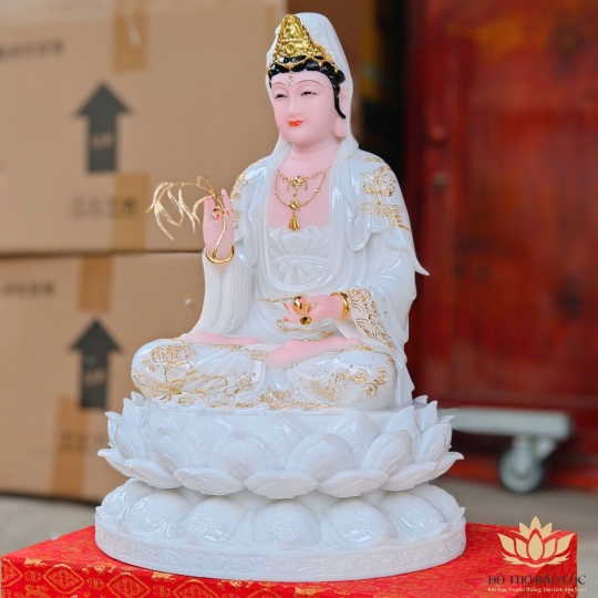 Tượng Phật Quan Thế Âm Bồ Tát ngồi trên đài sen bằng đá cao cấp cao 42cm – Màu Trắng