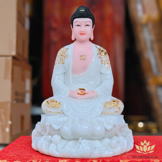 Tượng Phật A Di Đà ngồi trên đài sen bằng đá cao cấp cao 30cm – Màu Trắng