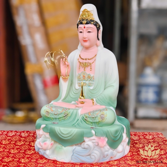 Tượng Phật Quan Thế Âm Bồ Tát màu xanh gấm cao 29cm