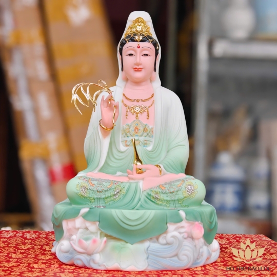 Tượng Phật Quan Thế Âm Bồ Tát màu xanh gấm cao 29cm