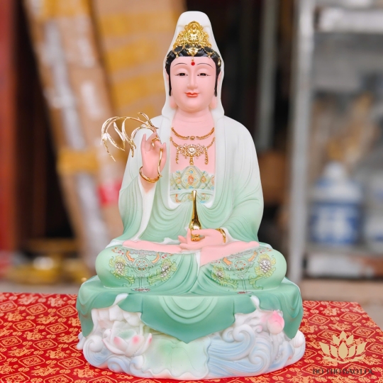 Tượng Phật Quan Thế Âm Bồ Tát màu xanh gấm cao 29cm