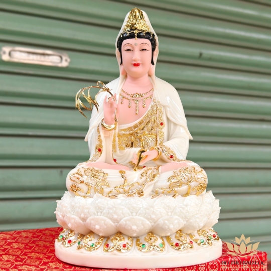 Tượng Phật Quan Thế Âm Bồ Tát bằng đá cao cấp cao 30cm – Màu trắng
