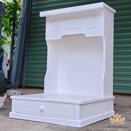 Bàn thờ Thần Tài Thổ Địa gỗ sồi ngang 60cm, cao 88cm – Màu trắng