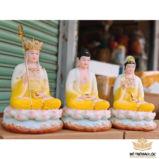 Tượng Tam Thế Phật ngồi – Bộ 3 Tượng Phật Tây Phương Tam Thánh bằng Đá Nhập Khẩu cao 31cm – vàng
