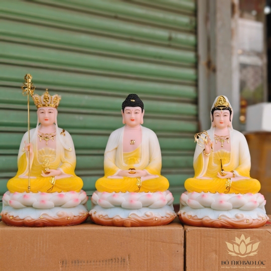 Tượng Tam Thế Phật ngồi – Bộ 3 Tượng Phật Tây Phương Tam Thánh bằng Đá Nhập Khẩu cao 31cm – vàng