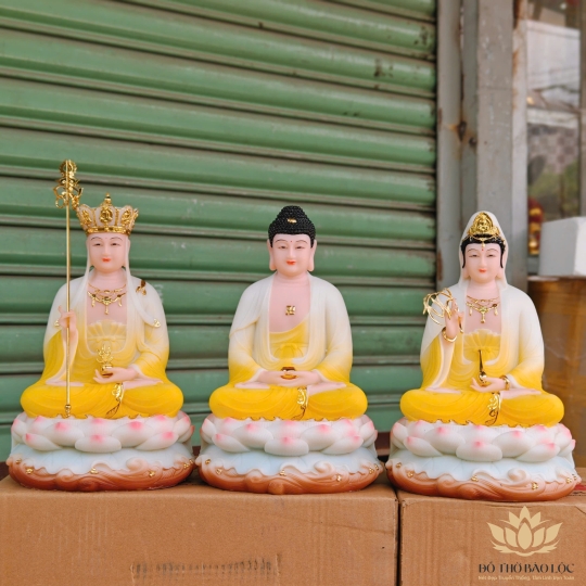 Tượng Tam Thế Phật ngồi – Bộ 3 Tượng Phật Tây Phương Tam Thánh bằng Đá Nhập Khẩu cao 31cm – vàng