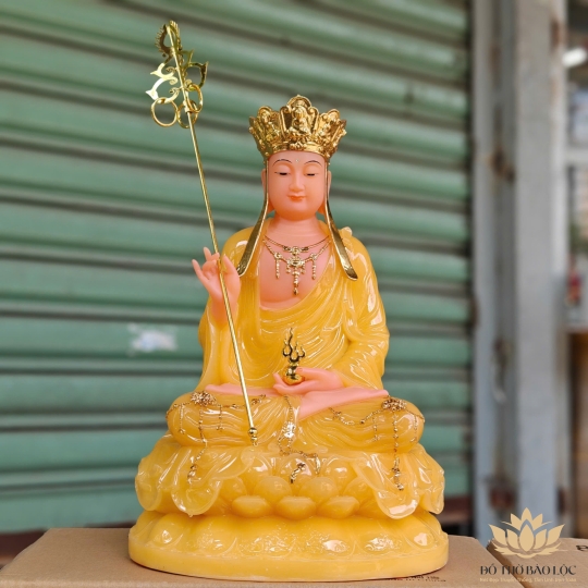 Tượng Địa Tạng Vương Bồ Tát ngồi trên đài sen bằng đá cao cấp cao 41cm – Màu vàng thạch anh