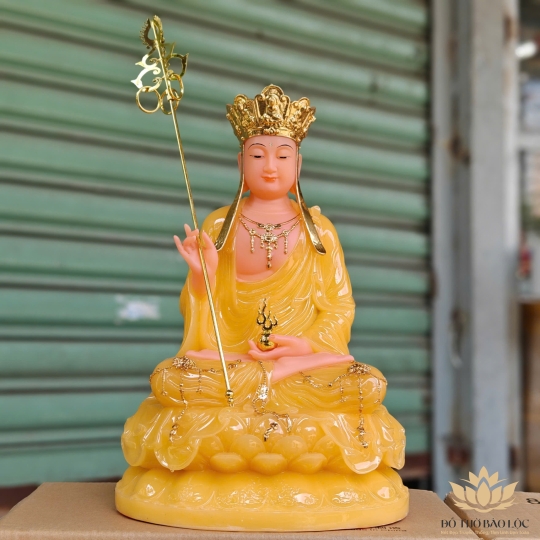 Tượng Địa Tạng Vương Bồ Tát ngồi trên đài sen bằng đá cao cấp cao 41cm – Màu vàng thạch anh