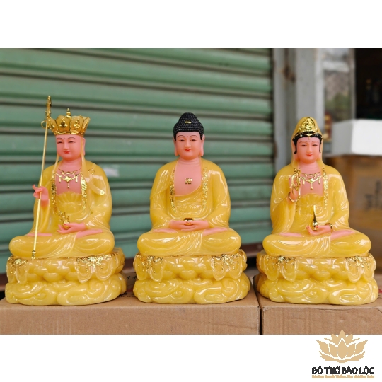 Tượng Tam Thế Phật ngồi – Bộ 3 Tượng Phật Tây Phương Tam Thánh bằng Đá Nhập Khẩu cao 31cm – vàng thạch anh