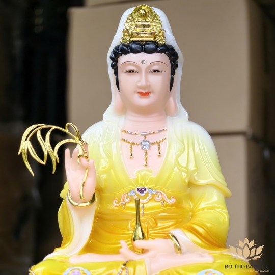  Tượng Quan Âm đá nhập khẩu cao cấp ngồi trên đài sen cao 30cm – Màu Vàng