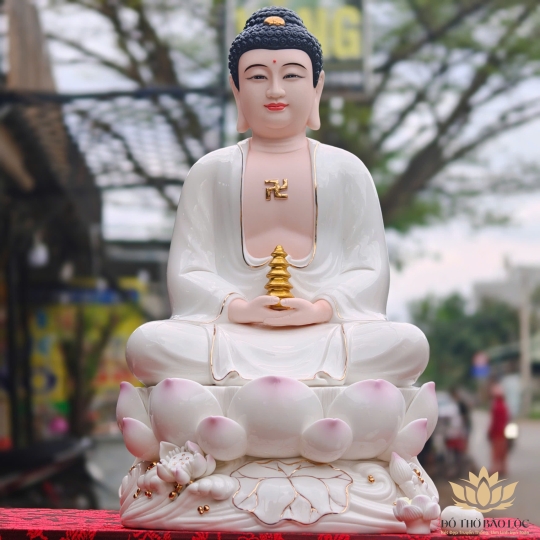 Tượng Phật A Di Đà Bằng Sứ Đức Hóa sen hồng 2 Kích Cỡ Cao (31cm và 41cm) màu trắng