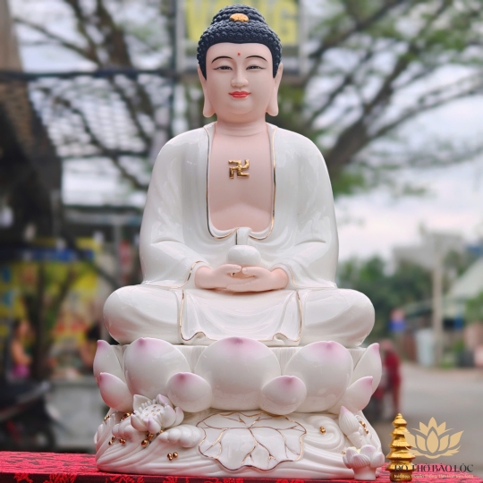 Tượng Phật A Di Đà Bằng Sứ Đức Hóa sen hồng 2 Kích Cỡ Cao (31cm và 41cm) màu trắng