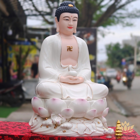 Tượng Phật A Di Đà Bằng Sứ Đức Hóa sen hồng 2 Kích Cỡ Cao (31cm và 41cm) màu trắng