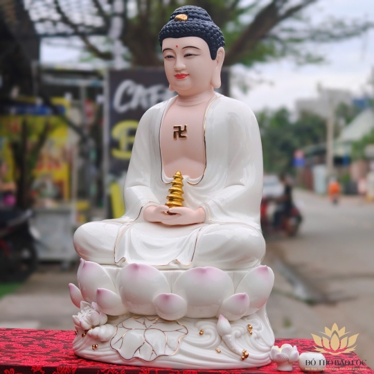 Tượng Phật A Di Đà Bằng Sứ Đức Hóa sen hồng 2 Kích Cỡ Cao (31cm và 41cm) màu trắng
