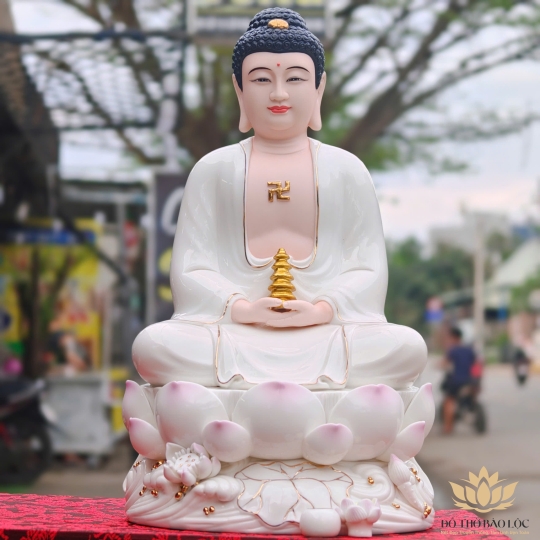 Tượng Phật A Di Đà Bằng Sứ Đức Hóa sen hồng 2 Kích Cỡ Cao (31cm và 41cm) màu trắng