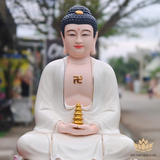 Tượng Phật A Di Đà Bằng Sứ Đức Hóa sen hồng 2 Kích Cỡ Cao (31cm và 41cm) màu trắng