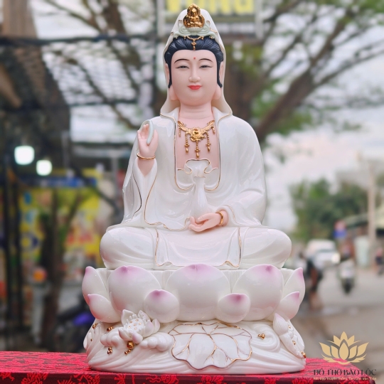 Tượng Phật A Di Đà Bằng Sứ Đức Hóa sen hồng 2 Kích Cỡ Cao (31cm và 41cm) màu trắng
