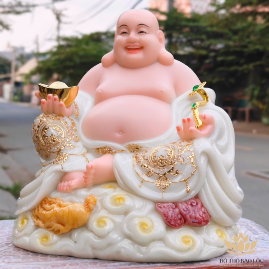 Tượng Phật Di lặc cầm gậy như ý bằng đá nhập khẩu cao cấp