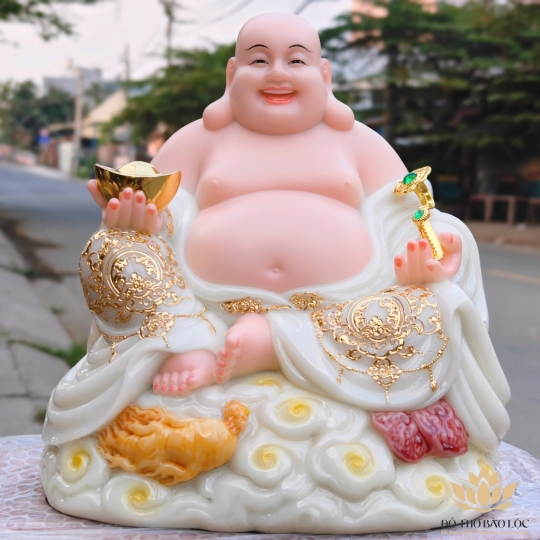 Tượng Phật Di lặc cầm gậy như ý bằng đá nhập khẩu cao cấp