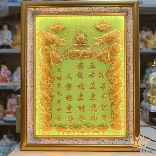 [38x48] Bài vị Thần Tài Thổ Địa Dát Vàng 24K Nền Xanh Lá Có Đèn cao 48cm x 38cm