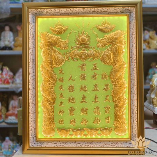 [38x48] Bài vị Thần Tài Thổ Địa Dát Vàng 24K Nền Xanh Lá Có Đèn cao 48cm x 38cm