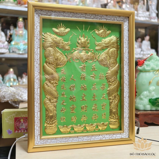 [38x48] Bài vị Thần Tài Thổ Địa Dát Vàng 24K Nền Xanh Lá Có Đèn cao 48cm x 38cm