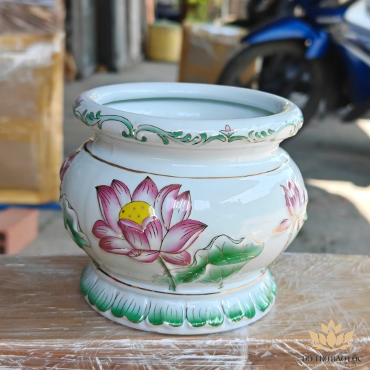Lư hương sứ bạch ngọc hoa sen tím nổi cao cấp đường kính 11cm