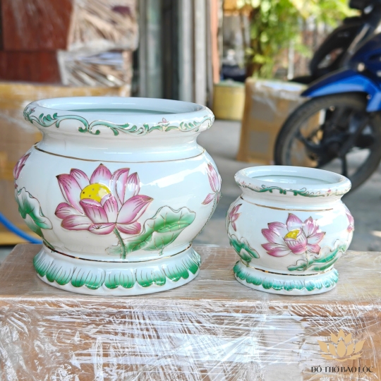 Lư hương sứ bạch ngọc hoa sen tím nổi cao cấp đường kính ĐK 15.5cm