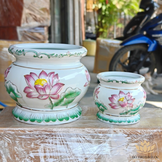 Lư hương sứ bạch ngọc hoa sen tím nổi cao cấp đường kính ĐK 15.5cm
