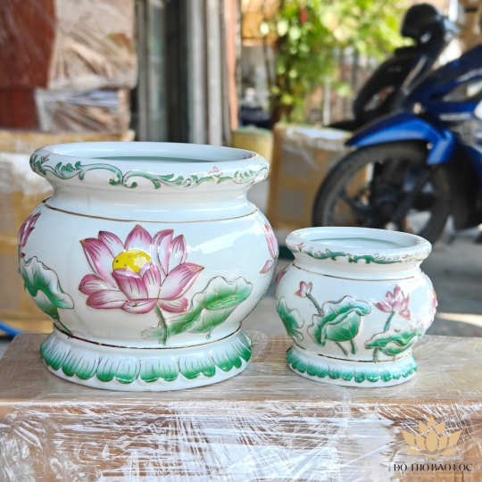 Lư hương sứ bạch ngọc hoa sen tím nổi cao cấp đường kính ĐK 15.5cm